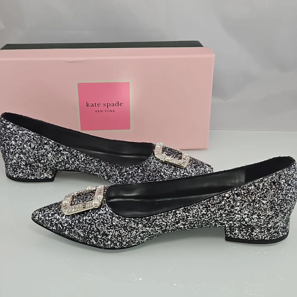 Kate Spade Silver Buckle Up Glitter Flats Size 38.5 - Picture 8 of 15